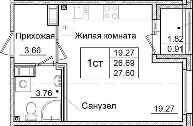 Планировка — Квартал Заречье, Студия, 27 м²