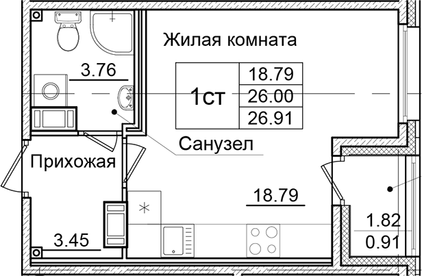 Планировка — Квартал Заречье, Студия, 26 м²
