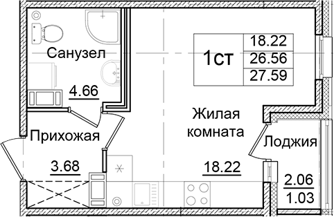 Планировка — Квартал Заречье, Студия, 27 м²