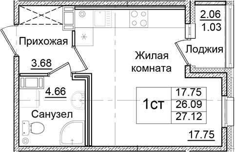 Планировка — Квартал Заречье, Студия, 26 м²