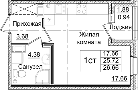 Планировка — Квартал Заречье, Студия, 26 м²