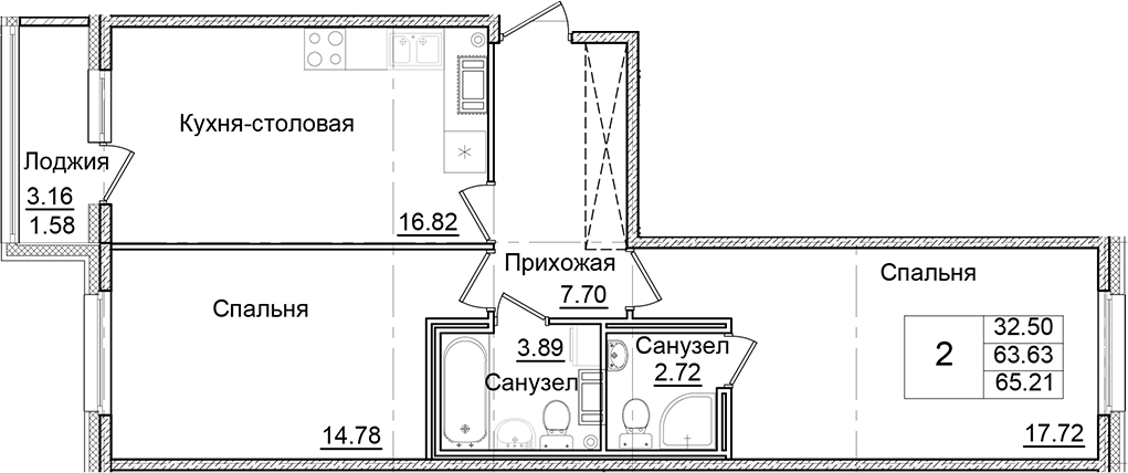 Планировка — Квартал Заречье, 2-комн., 64 м²