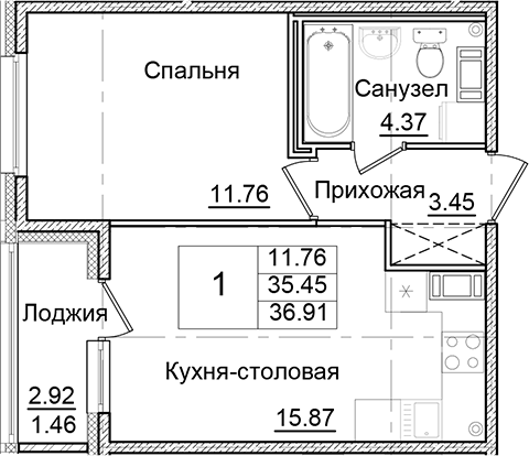 Планировка — Квартал Заречье, 1-комн., 35 м²