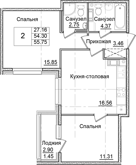 Планировка — Квартал Заречье, 2-комн., 54 м²