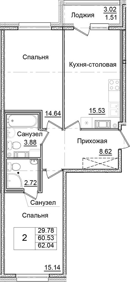Планировка — Квартал Заречье, 2-комн., 61 м²
