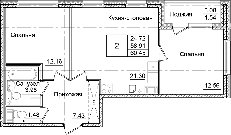 Планировка — Квартал Заречье, 2-комн., 59 м²