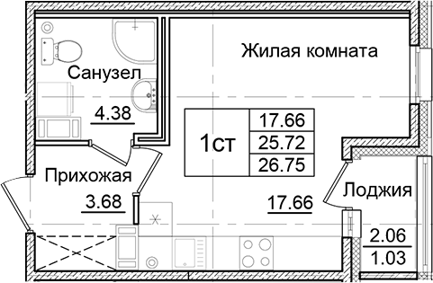 Планировка — Квартал Заречье, Студия, 26 м²