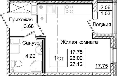 Планировка — Квартал Заречье, Студия, 26 м²