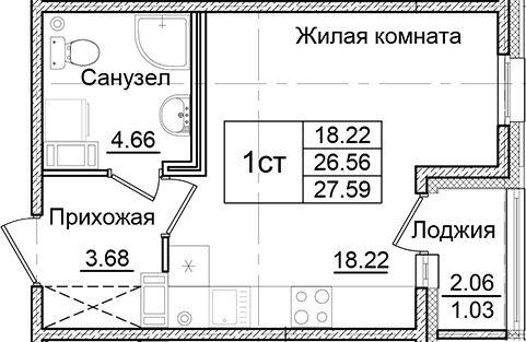 Планировка — Квартал Заречье, Студия, 27 м²