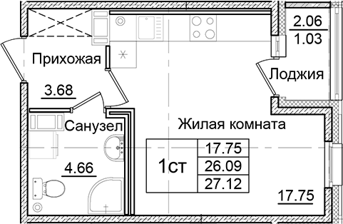Планировка — Квартал Заречье, Студия, 26 м²