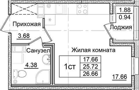 Планировка — Квартал Заречье, Студия, 26 м²
