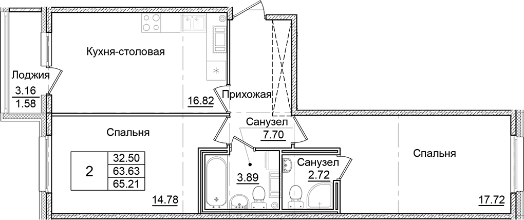 Планировка — Квартал Заречье, 2-комн., 64 м²