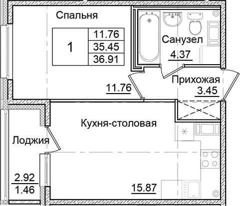 Планировка — Квартал Заречье, 1-комн., 35 м²