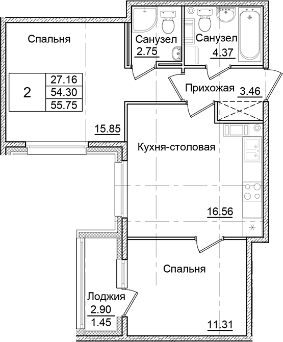 Планировка — Квартал Заречье, 2-комн., 54 м²