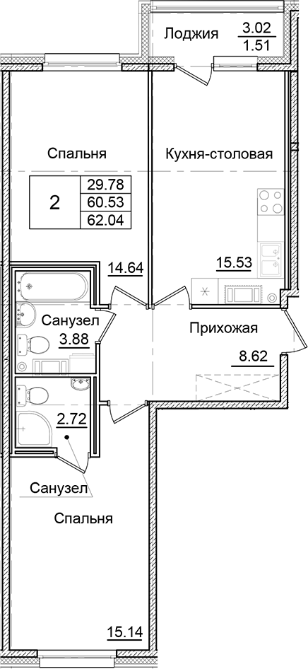 Планировка — Квартал Заречье, 2-комн., 61 м²