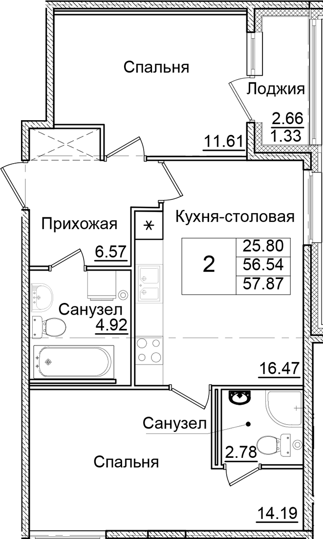 Планировка — Квартал Заречье, 2-комн., 57 м²