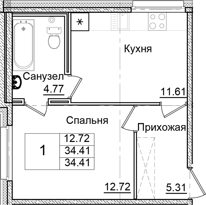 Планировка — Квартал Заречье, 1-комн., 34 м²
