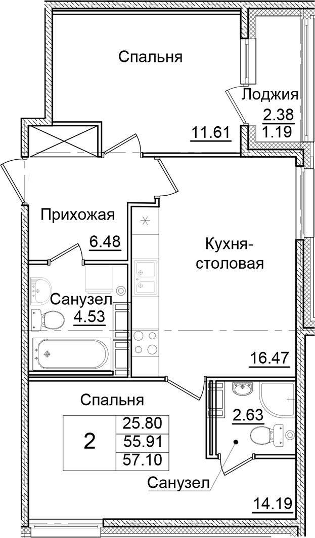 Планировка — Квартал Заречье, 2-комн., 56 м²