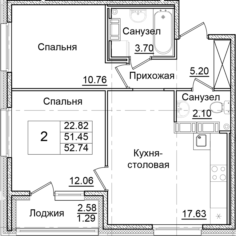 Планировка — Квартал Заречье, 2-комн., 51 м²