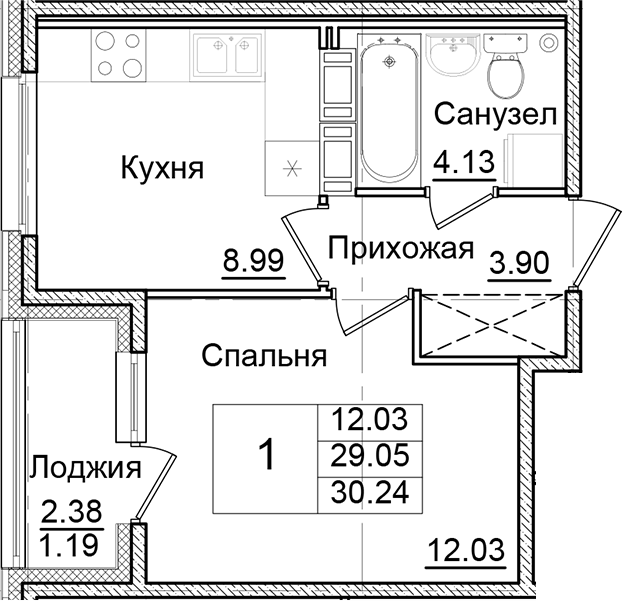 Планировка — Квартал Заречье, 1-комн., 29 м²