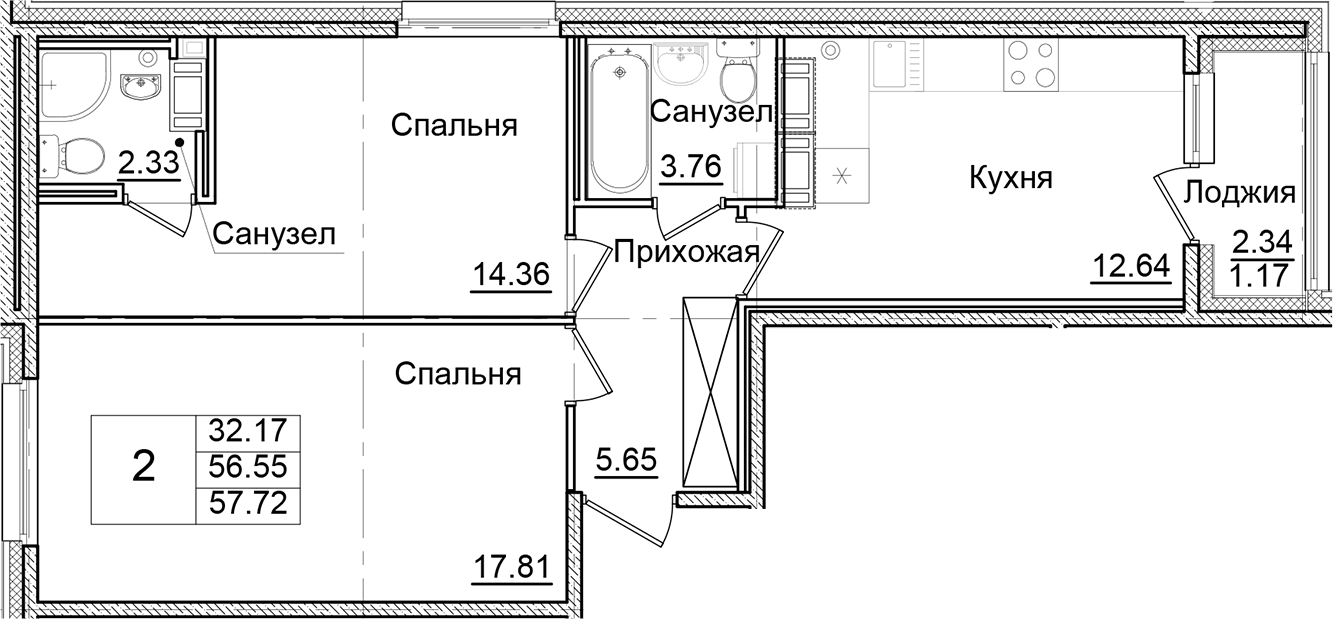 Планировка — Квартал Заречье, 2-комн., 57 м²