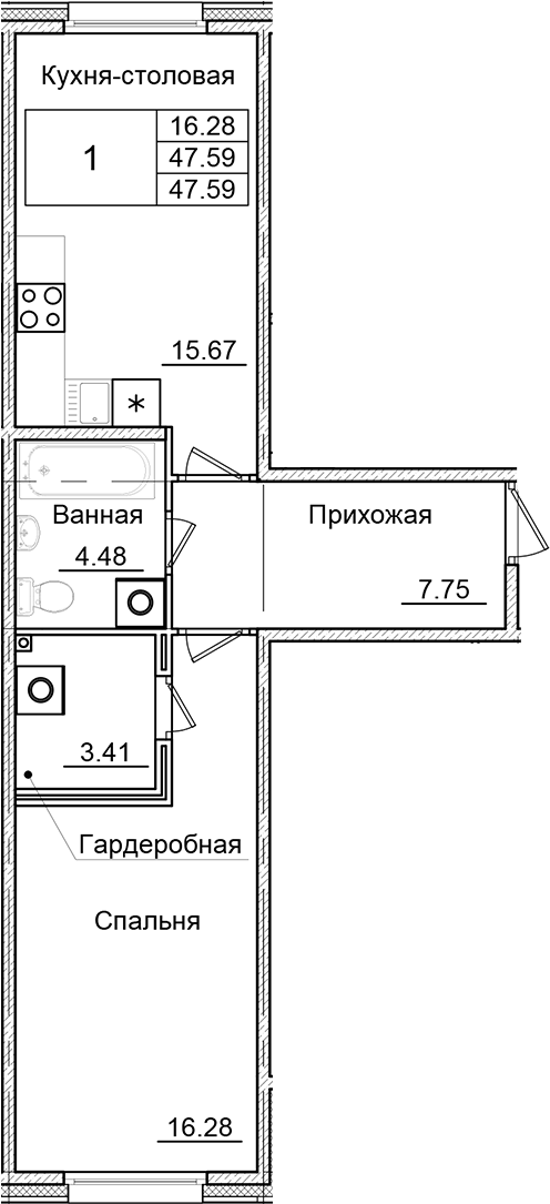 Планировка — Квартал Заречье, 1-комн., 48 м²