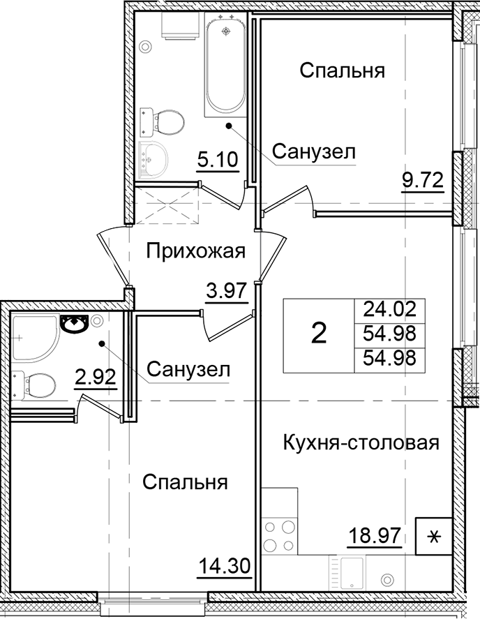 Планировка — Квартал Заречье, 2-комн., 55 м²