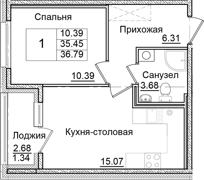 Планировка — Квартал Заречье, 1-комн., 35 м²