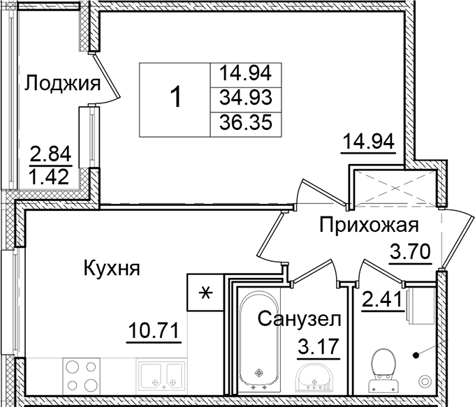 Планировка — Квартал Заречье, 1-комн., 35 м²