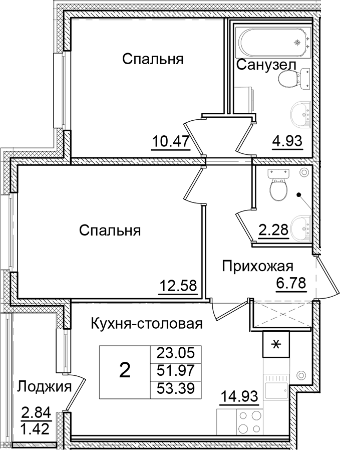 Планировка — Квартал Заречье, 2-комн., 52 м²