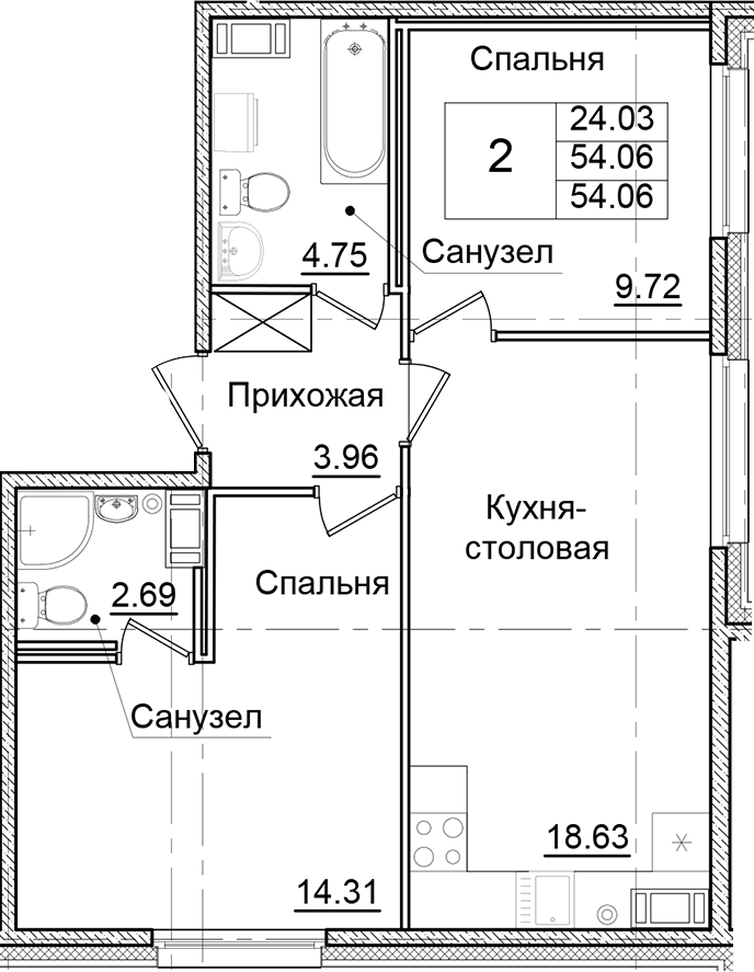 Планировка — Квартал Заречье, 2-комн., 54 м²