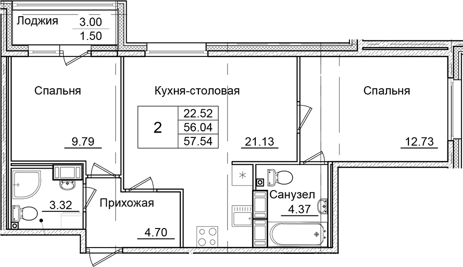 Планировка — Квартал Заречье, 2-комн., 56 м²