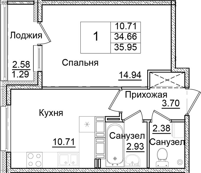 Планировка — Квартал Заречье, 1-комн., 35 м²