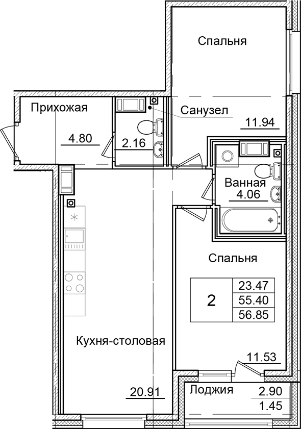 Планировка — Квартал Заречье, 2-комн., 55 м²