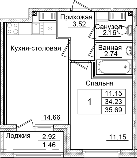 Планировка — Квартал Заречье, 1-комн., 34 м²