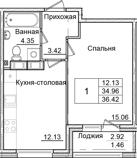 Планировка — Квартал Заречье, 1-комн., 35 м²