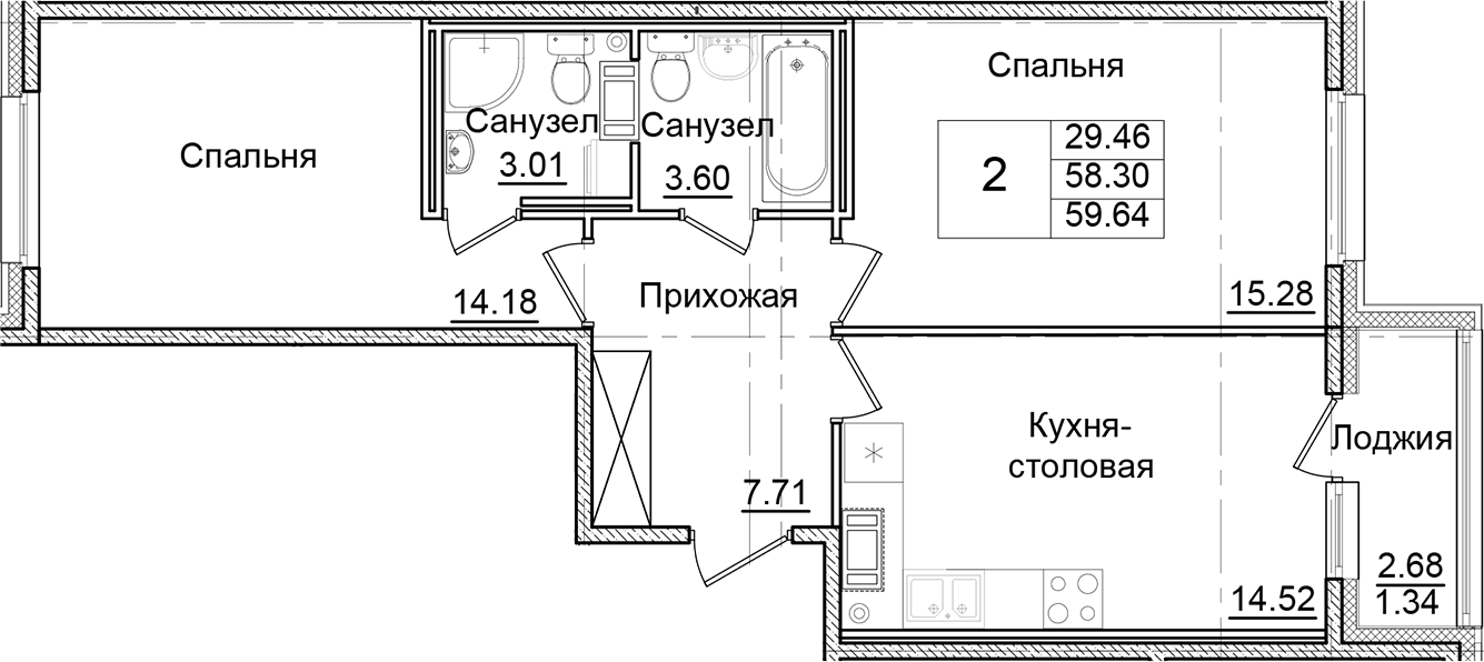 Планировка — Квартал Заречье, 2-комн., 58 м²