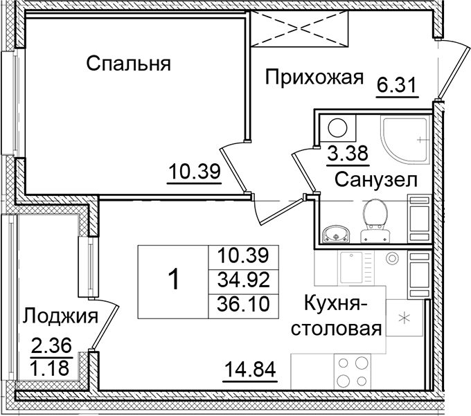 Планировка — Квартал Заречье, 1-комн., 35 м²