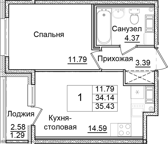 Планировка — Квартал Заречье, 1-комн., 34 м²