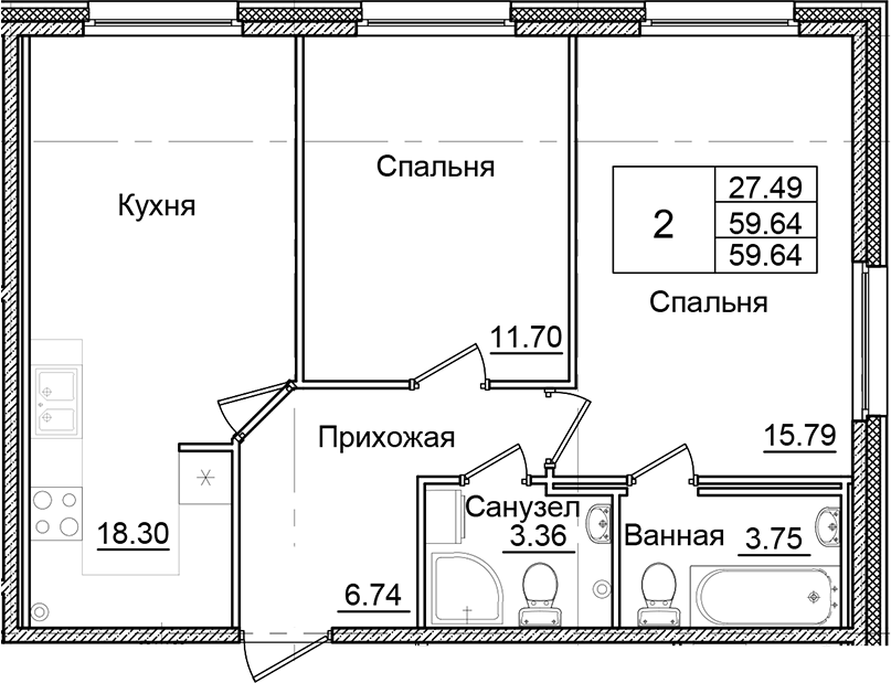 Планировка — Квартал Заречье, 2-комн., 60 м²