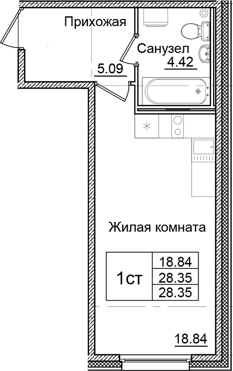 Планировка — Квартал Заречье, Студия, 28 м²