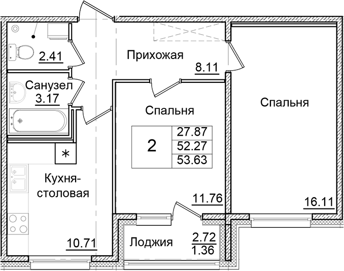 Планировка — Квартал Заречье, 2-комн., 52 м²