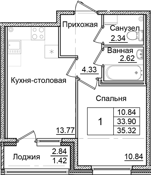 Планировка — Квартал Заречье, 1-комн., 34 м²