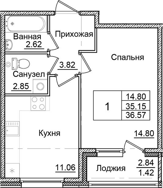 Планировка — Квартал Заречье, 1-комн., 35 м²