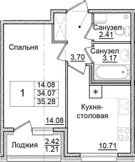 Планировка — Квартал Заречье, 1-комн., 34 м²