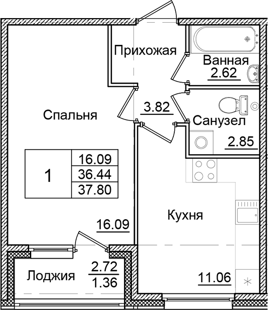 Планировка — Квартал Заречье, 1-комн., 36 м²