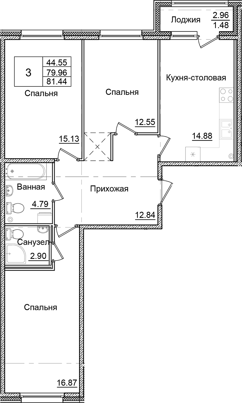 Планировка — Квартал Заречье, 3-комн., 80 м²