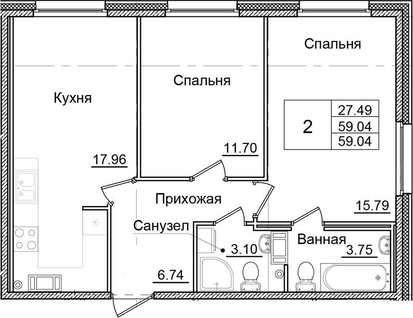 Планировка — Квартал Заречье, 2-комн., 59 м²