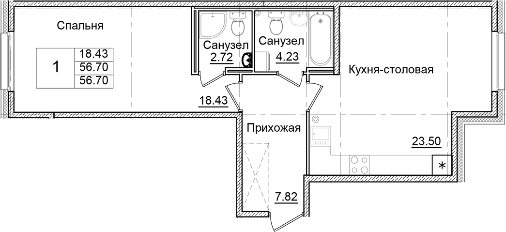 Планировка — Квартал Заречье, 1-комн., 57 м²