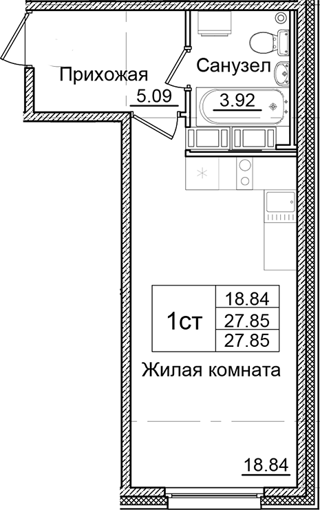Планировка — Квартал Заречье, Студия, 28 м²